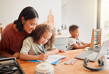 Image showing Education, learning and homework with a mother teaching and helping her daughter with writing, drawing and studying. Single parent and child bonding together as a family over school work at home