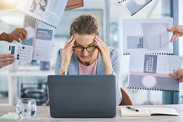 Image showing Stress, anxiety and burnout with a female leader, manager and CEO feeling overworked while multitasking with a laptop in an office. Suffering from a headache while juggling tax, finance and paperwork