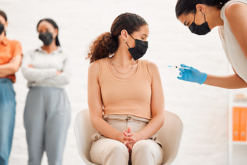 Image showing Covid, virus and vaccination line at clinic for needle vaccine shot. Public health and serious illness healthcare plan from government. Medicine, pandemic and injection from nurse for protection.