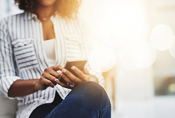 Image showing Hands texting on phone, browsing social media or searching internet while waiting for job interview or new opportunity in creative office. Closeup of business woman working on startup website on tech