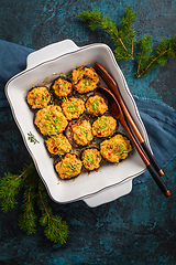 Image showing Oven baked stuffed mushrooms - champignons with cream cheese and dried tomatoes in casserole