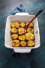 Image showing Oven baked stuffed mushrooms - champignons with cream cheese and dried tomatoes in casserole