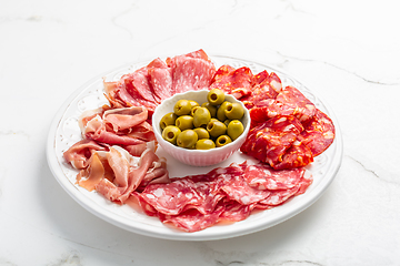 Image showing Assortment of Italian and Spanish sliced meat appetizer, prosciutto, salami and ham, with olives