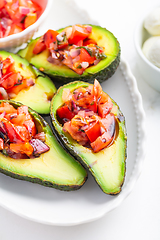 Image showing Avocados filled with bruschetta and balsamic vinaigrette - vegan appetizers