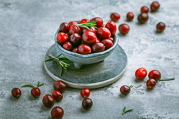 Image showing Organic Cranberries in a bowl on grey background