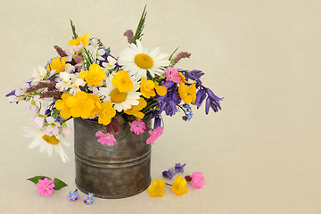 Image showing English Wildflower and Meadow Grasses Arrangement in Old Metal T