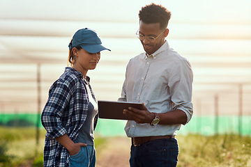 Image showing Farmers with a tablet checking growth, monitoring farming progress and farm export orders on technology. Smiling gardener meeting with environmental scientist and analyzing data on agriculture estate