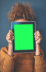 Image showing Green screen, copy space and chromakey on a tablet of a woman showing website for online advertising. Closeup of female with blank touch screen, branding for a business logo or news and marketing