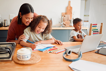 Image showing Mother and children doing homework at kitchen table, bonding and enjoying family time at home. Affectionate parent helping daughter draw or sketch after online education program for distance learning