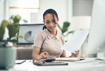 Image showing Young, professional and working woman using a calculator to calculate company budget, finances or business expenses. Admin female doing financial planning, banking audit or processing documents.