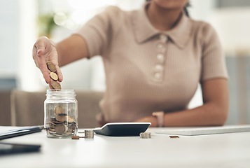 Image showing Finance, planning and saving jar for investment or micro loan. Closeup of Accountant, businesswoman or bank advisor sitting at desk. Financial growth for future plans or career change.