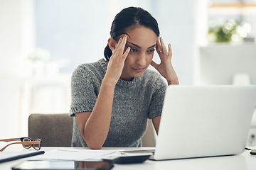 Image showing Confused, stressed and anxious businesswoman with laptop suffering from a headache, pressure and agency deadline. Creative entrepreneur thinking of solution, making mistake and trying to understand