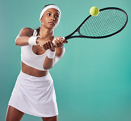 Image showing Tennis, sportswear and woman playing tournament with copy space background. Sporty, active and professional athlete playing a game. Competition and serious tennis player keeps focus on the court.