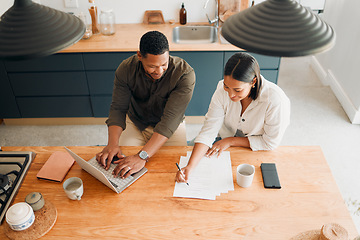 Image showing Couple calculating budget, finance and tax while planning investment, loan and bills at home from above. Managing household spending, saving and account to pay money with online banking for insurance