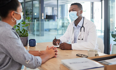 Image showing Covid doctor talking to patient for a medical checkup, wellness consult and healthcare screening in a clinic. Trusted gp, physician and essential worker discussing medicine and consulting health