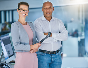 Image showing Business partners, diverse leadership and successful recruitment team posing in office. Male and female HR managers and interviewers offering employment, saying we are hiring.