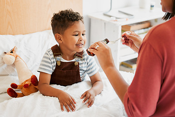 Image showing Sick child taking medicine, syrup and treatment for recovery of cold illness, flu sickness and virus symptoms. Mom caring for health of young son, kid and boy to rest in bed for wellness at home