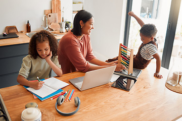 Image showing Homeschool, education and distance learning for children while mother helps son and daughter. Parent teaching and bonding with kids with home school homework, and education test for math and English