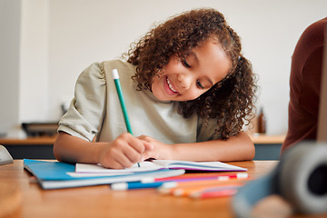 Image showing Learning, smiling and creative young girl drawing with a colorful pencil feeling happy and content. Positive student with a smile having a fun time creating artistic art in her kids notebook at home