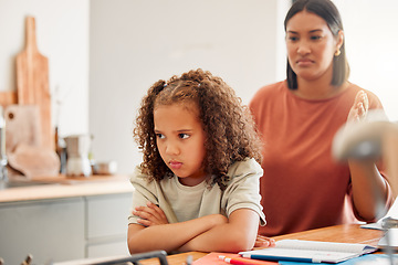 Image showing Unhappy, moody and angry little girl standing with arms crossed and looking upset while ignoring her mom. Upset, naughty and problem daughter or child and her angry or disappointed mother at home