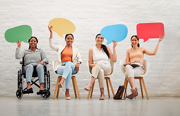 Image showing Blank copyspace and speech bubble for a social media post, communication and talking in the hands of business women sitting in studio. Card or board for text, speech or marketing and advertising