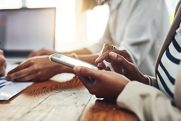 Image showing Hands of woman typing on phone for innovation on the internet while looking for a mobile app in an office. Closeup of creative business woman using social media for marketing and communication