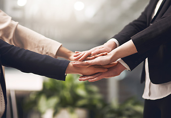 Image showing Hands, unity and support in the business office while motivating each other showing support and togetherness. Team of businesspeople in a circle and celebrating their success together at work