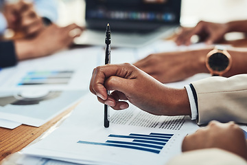 Image showing Business people in a corporate finance meeting, planning with documents and going through company reports. Hands of professional accountants, employees and colleagues looking at accounting graph