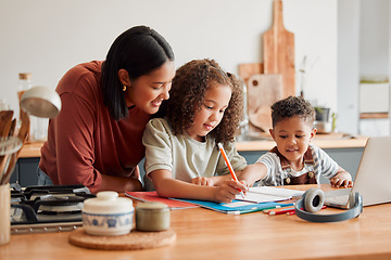 Image showing Homeschool, education and distance learning for children while mother, parent and woman helps son and daughter. Teaching, talking and bonding with kids doing home school, homework and learning test