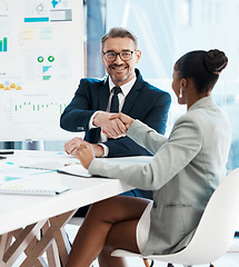 Image showing Corporate partnership, deal and handshake at formal business meeting. Professional greeting, agreement or welcome at conference in boardroom. Friendly business people talk at seminar table.