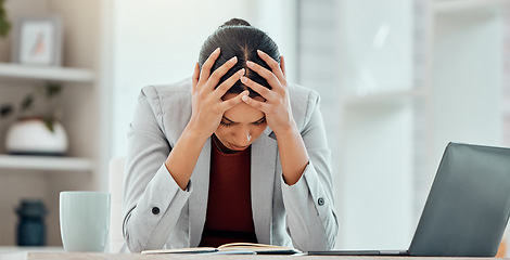 Image showing Headache, stress and worried young businesswoman tired from getting bad news about company investment. Professional finance, business female or accountant upset over financial problem or crisis.