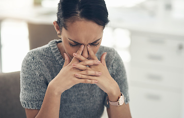 Image showing Work stress, bad anxiety and job worry of a stressed female office worker with a headache. Business woman worried, tired and upset about a finance deadline with a migraine at the workplace