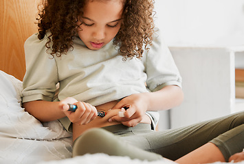 Image showing Diabetes, insulin and diabetic girl injecting treatment in her bedroom as a health morning routine at home. Medicine, house and testing to monitor blood sugar levels, wellness and medical healthcare