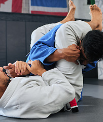 Image showing Fight, karate and martial arts teamwork in competition, challenge or combat sport in wellness studio. Sports trainer or fitness coach teaching student in gym workout, exercise and training for health