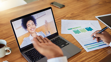 Image showing Business people in a video call strategy, planning and finance meeting on a laptop. Corporate businessman or accounting professional using teamwork, communication and financial chart to reach goals