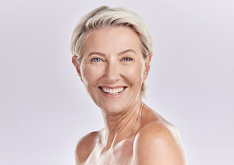 Image showing Skincare of senior woman in a beauty face portrait for hygiene, body care and cosmetic treatment on studio background. Happy anti aging senior model with big smile for wrinkle free skin care routine