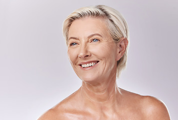 Image showing Mature beauty and skin of woman posing in skincare and cosmetics with teeth and smile. Portrait of a happy senior model or elderly lady face in wellness with healthy skin care in a studio.