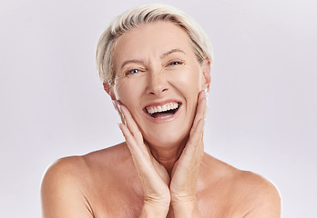 Image showing Botox, menopause and anti aging woman in beauty, skincare or face wash portrait in a studio. Plastic surgery, dermatology or cosmetics senior model with a smile touching her natural looking skin