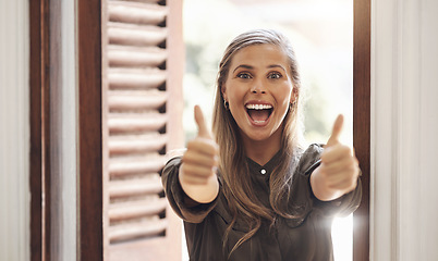 Image showing Thumbs up, excited and cheerful woman showing positive hand sign after getting good news and approving job opportunity. Female with a positive attitude saying thank you for success and motivation