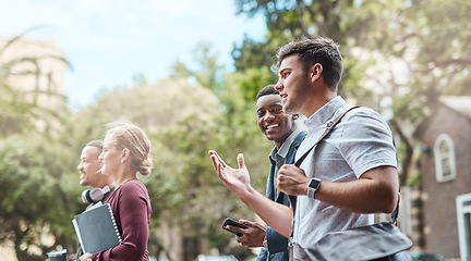 Image showing Students, creative team and conversation outside while walking and talking about ideas and innovation. Explaining our vision while traveling through the city for a business meeting with colleagues