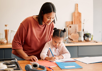 Image showing Mother teaching daughter, doing homework at kitchen table at home, bonding while learning together. Loving parent helping her child with a school project or task. Autistic child enjoying homeschool