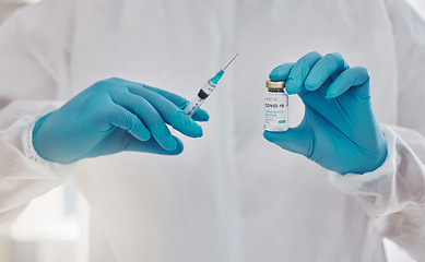 Image showing Health care, science and innovation by a doctor holding a vaccine for corona or injection for virus with copy space. Medical discovery by a researcher leading a drug trial on a treatment for covid