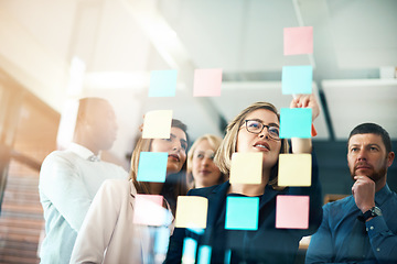 Image showing Planning, innovation and vision business meeting in a modern office, working on a business marketing strategy. Group, team or staff discussing with sticky notes a schedule for future project together