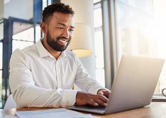 Image showing Laptop, business and technology with a corporate man at work on a computer at his desk in an office. Innovation, mission and vision with an employee working with motivation and focus toward a goal.