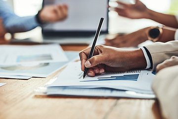 Image showing Business analyst hands writing on paperwork, making notes and checking data, charts and graphs in an office boardroom meeting. Closeup of man monitoring company growth, profit and analyzing documents