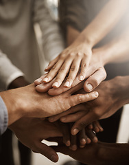 Image showing Hands, teamwork and support with a group or team of people showing togetherness, unity and solidarity in a gesture of working together, trust and collaboration. Closeup of cooperation and motivation