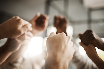 Image showing Diverse people hold hands in teamwork, success and support while showing solidarity, trust and unity in office. Closeup of business team, men and women standing together for equal workplace rights