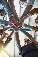 Image showing Winning, celebrating and successful business people stack hands in the office for team building. Group of employees in agreement on unity, help and support together at the workplace