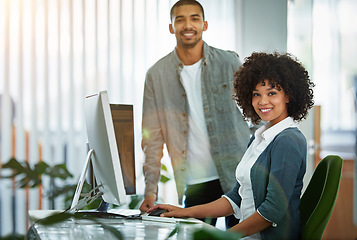 Image showing Happy, trust and excited team of designers working together on a project in the office. Portrait of African American businesspeople with a positive mindset and vision that support each other