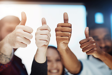 Image showing Teamwork, support and trust with a thumbs up from happy colleagues collaborating. Excited partners uniting, showing trust and success with a winning gesture. Community working together towards a goal